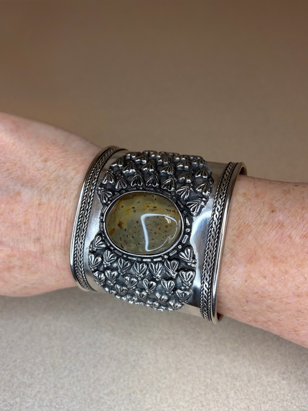 Made in India Silver Plated Cuff Intricate Floral Design Natural Stone